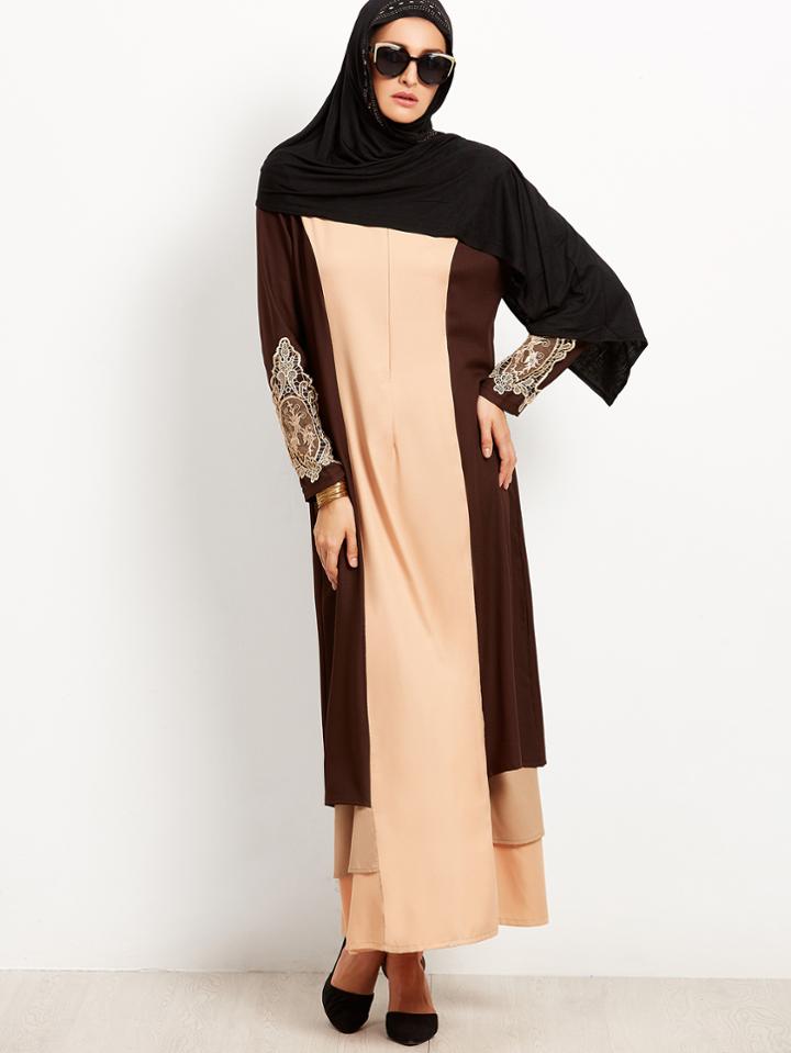 Shein Muslim Lace Embroidered Islamic Kaftan Abaya Maxi Dress