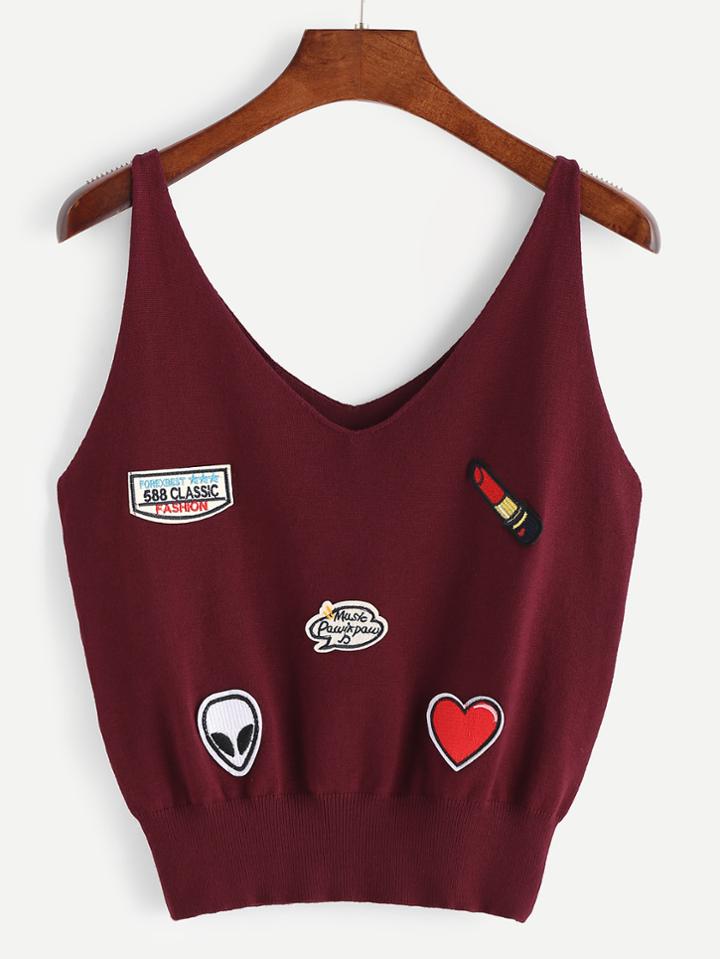 Shein Embroidered Patch Detail Double V Neck Knit Tank Top