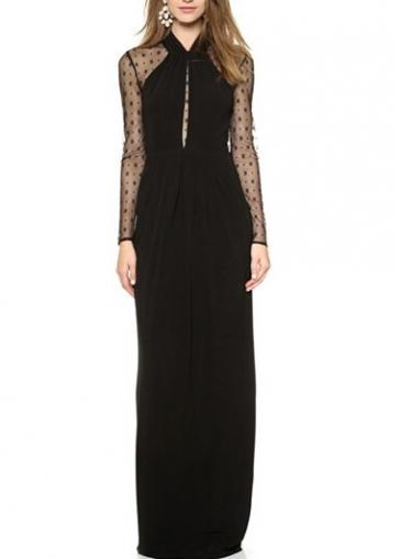 Rosewe Elegant V Neck Long Sleeve Black Maxi Dress