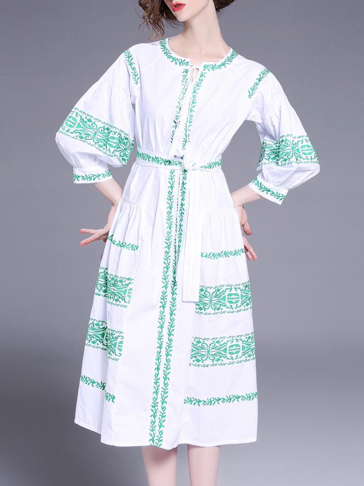 Shein Tie Neck Tribal Embroidered Dress