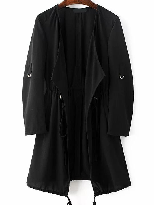 Shein Black Draped Collar Drawstring Chiffon Coat