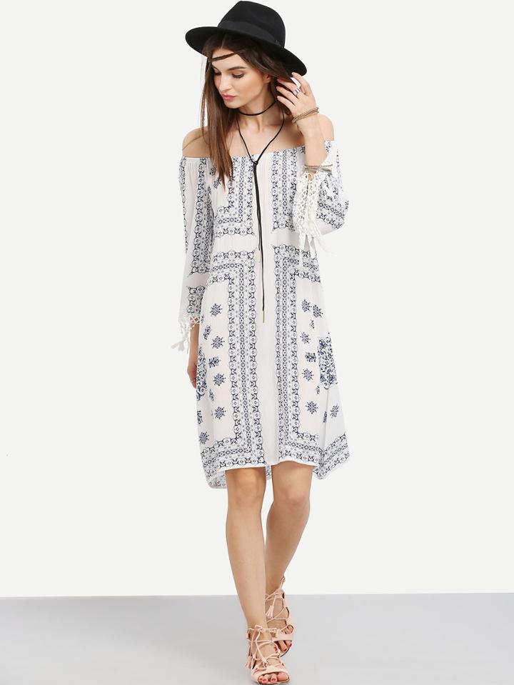 Shein Multicolor Off The Shoulder Tassel Shift Dress