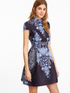 Shein Navy Floral Print Cap Sleeve Structured Jacquard Dress