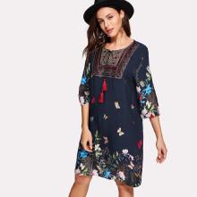 Shein Geo Embroidered Tassel Tie Dress