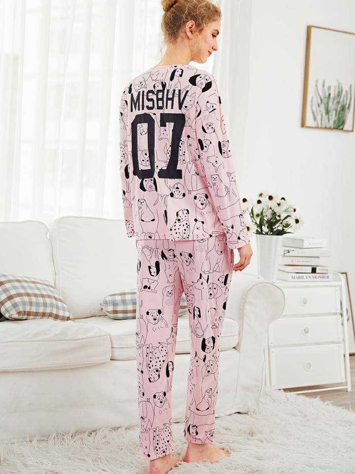 Shein Allover Dog Print Tee & Pants Pj Set