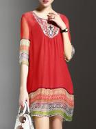 Shein Red Round Neck Tribal Print Shift Dress