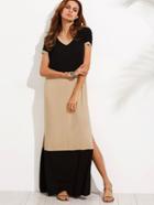 Shein Colorblock V Neck Short Sleeve Split Side Maxi Dress