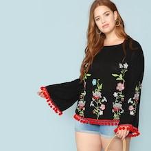 Shein Plus Boat Neck Pom Pom Detail Floral Top