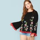Shein Plus Boat Neck Pom Pom Detail Floral Top