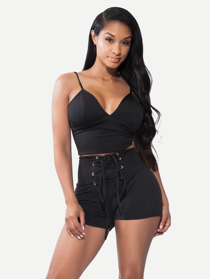 Shein Crop Cami Top With Lace Up Shorts