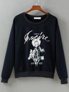 Shein Black Flower Print Sweatshirt