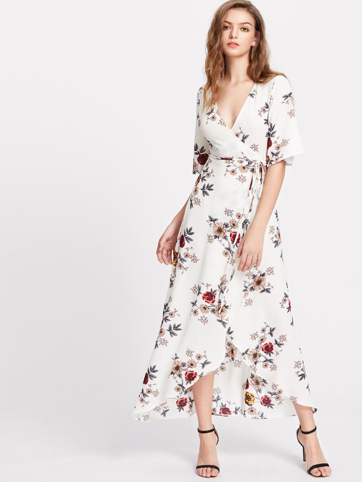 Shein Floral Print Flutter Sleeve High Low Surplice Wrap Dress