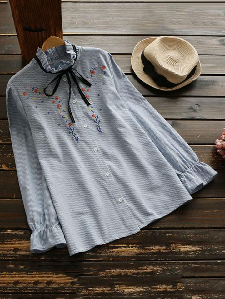 Shein Frilled Tie Neck Bell Cuff Embroidered Blouse