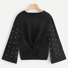 Shein Pearl Beaded Twist Hem Tee