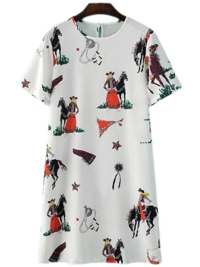 Shein White Short Sleeve Steed Print Shift Dress