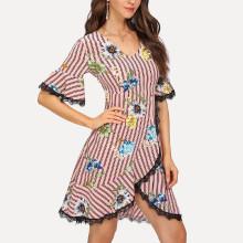 Shein Contrast Lace Trim Floral Print Striped Dress