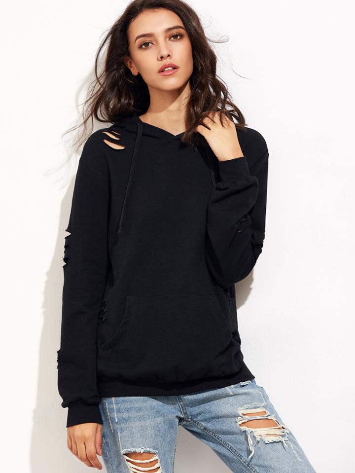 Shein Black Ripped Hoodie With Pocket