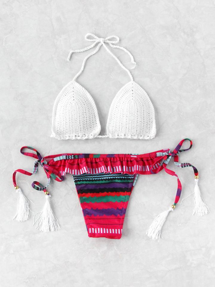 Shein Ruffle Detail Tassel Tie Crochet Bikini Set