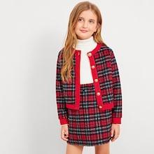Shein Girls Button Up Plaid Print Top & Skirt Set