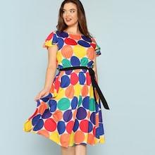 Shein Plus Contrast Belt Polka Dot Dress