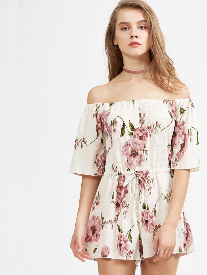 Shein Off Shoulder Floral Drawstring Playsuit