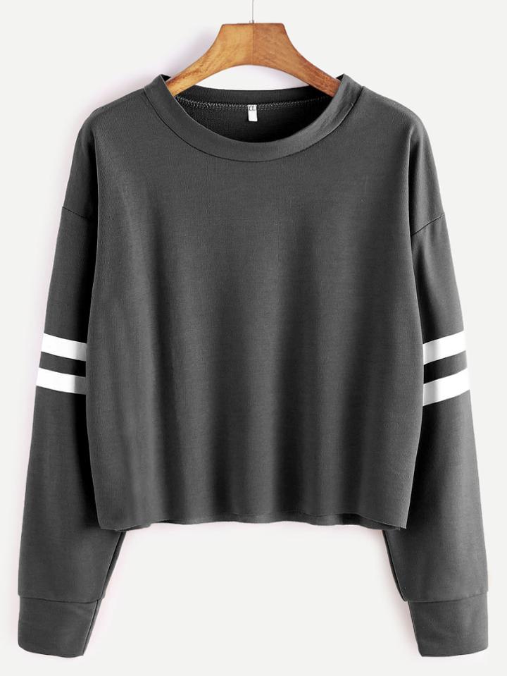 Shein Deep Grey Drop Shoulder Varsity Striped Crop T-shirt