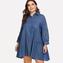 Shein Plus Botanical Embroiders Ruffle Hem Denim Dress
