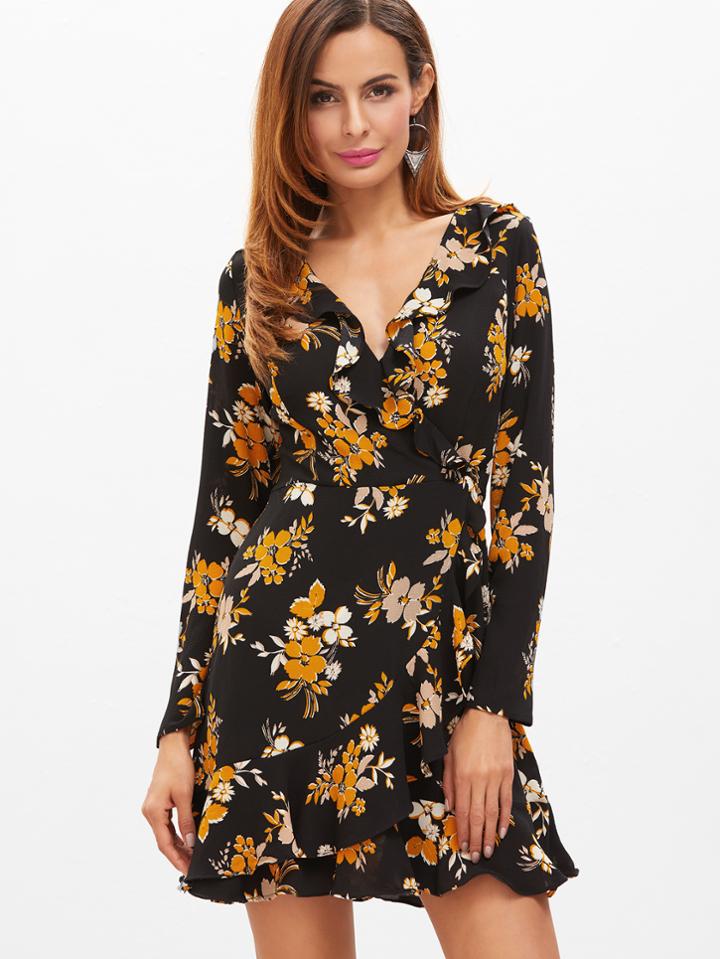 Shein Black Flower Print Surplice Front Ruffle Trim Wrap Dress