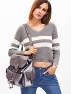 Shein Grey Pu And Velvet Flap Pocket Drawstring Backpack