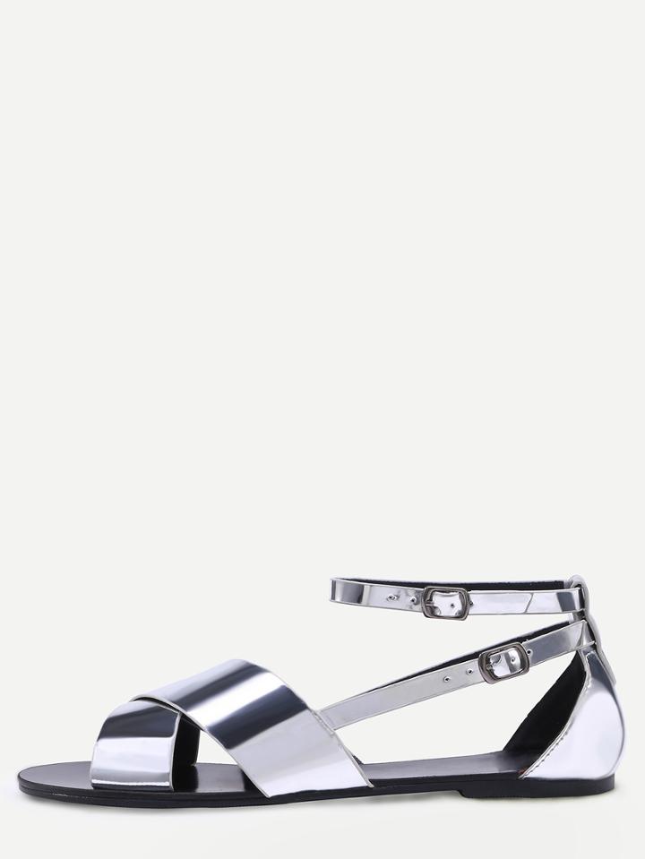 Shein Metallic Faux Leather Crisscross Sandals - Silver