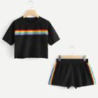 Shein Striped Tape Crop Tee With Shorts