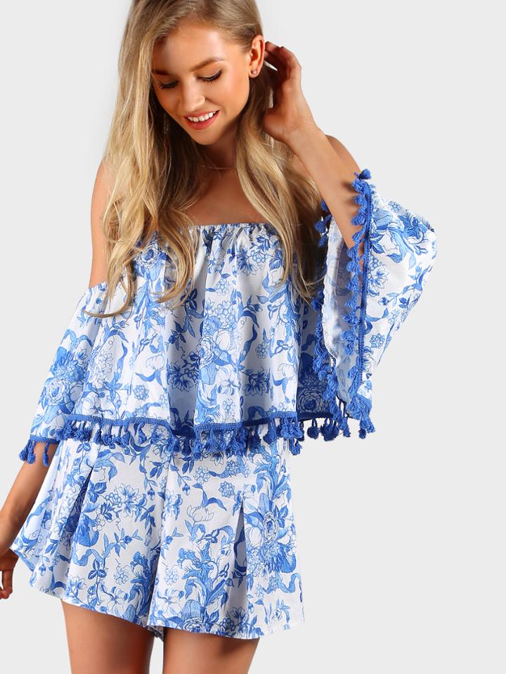 Shein Tassel Trim Flounce Bardot Top And Pleated Shorts Set