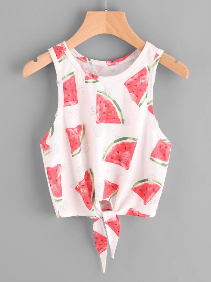 Shein Watermelon Print Knot Front Frayed Dot Tank Top