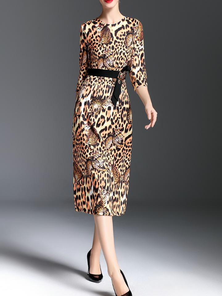 Shein Camel Crew Neck Leopard Cats Print Dress