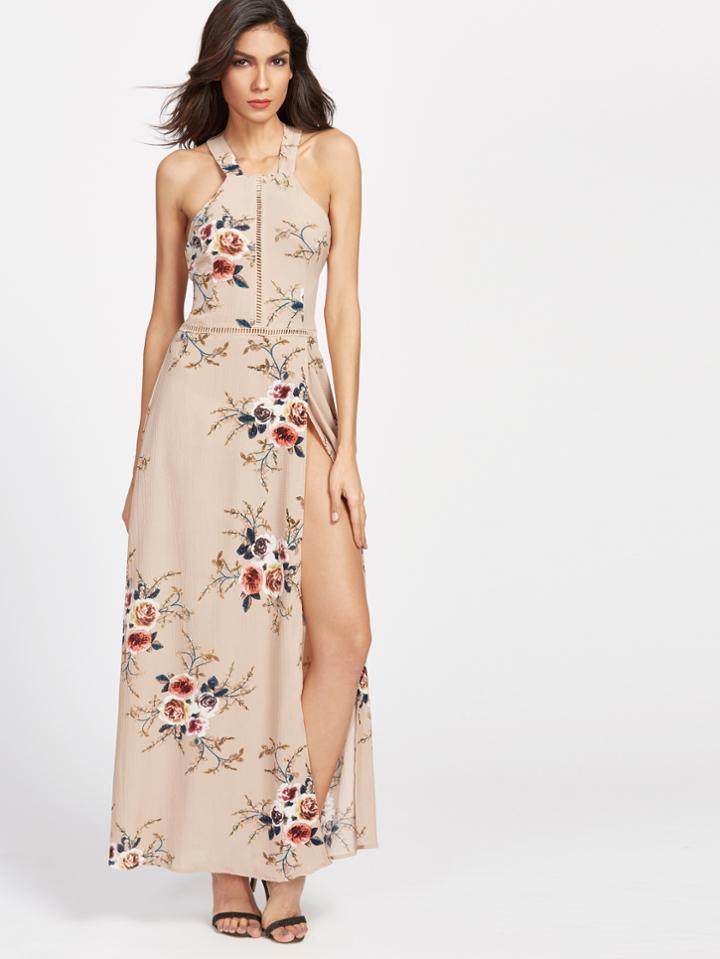 Shein Khaki Florals Halter Open Back High Slit Dress