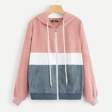 Shein Zip Up Color Block Drawstring Hoodie Jacket