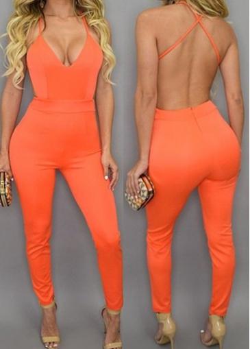 Rosewe Criss Cross Back Orange Skinny Ankle Length Jumpsuit