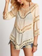 Shein Beige Half Sleeve Hollow Loose Blouse