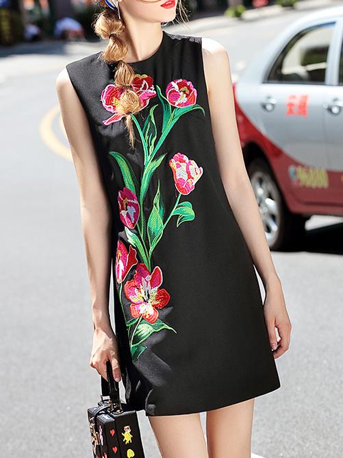 Shein Black Flowers Embroidered Sheath Dress