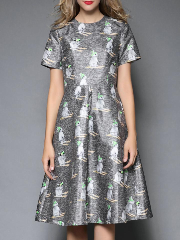 Shein Grey Round Neck Short Sleeve Rabbit Print Dress