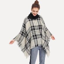 Shein Fringe Hanky Hem Plaid Knit Poncho