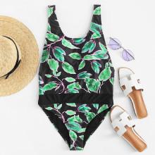 Shein Open Back Leaf Print Swimsuit