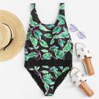 Shein Open Back Leaf Print Swimsuit