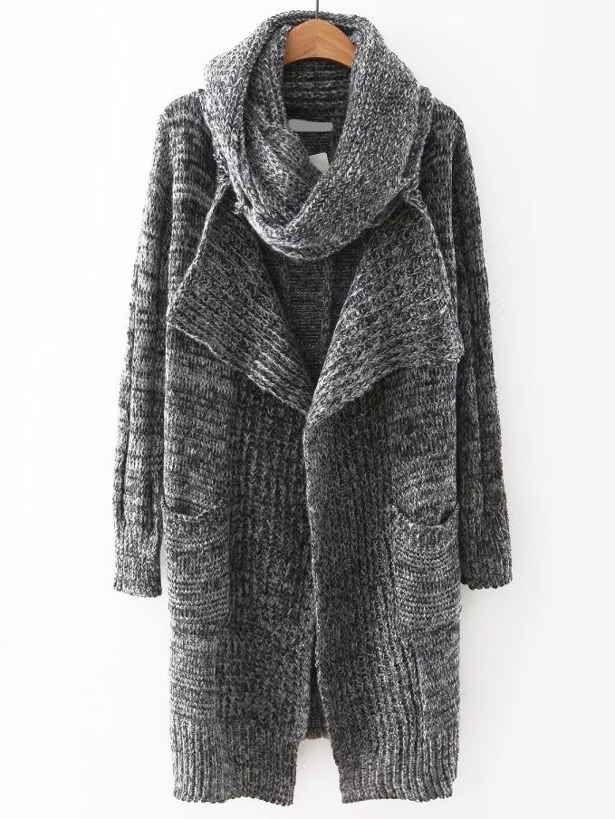 Shein Grey Open Front Pocket Sweater Coat With Scarf