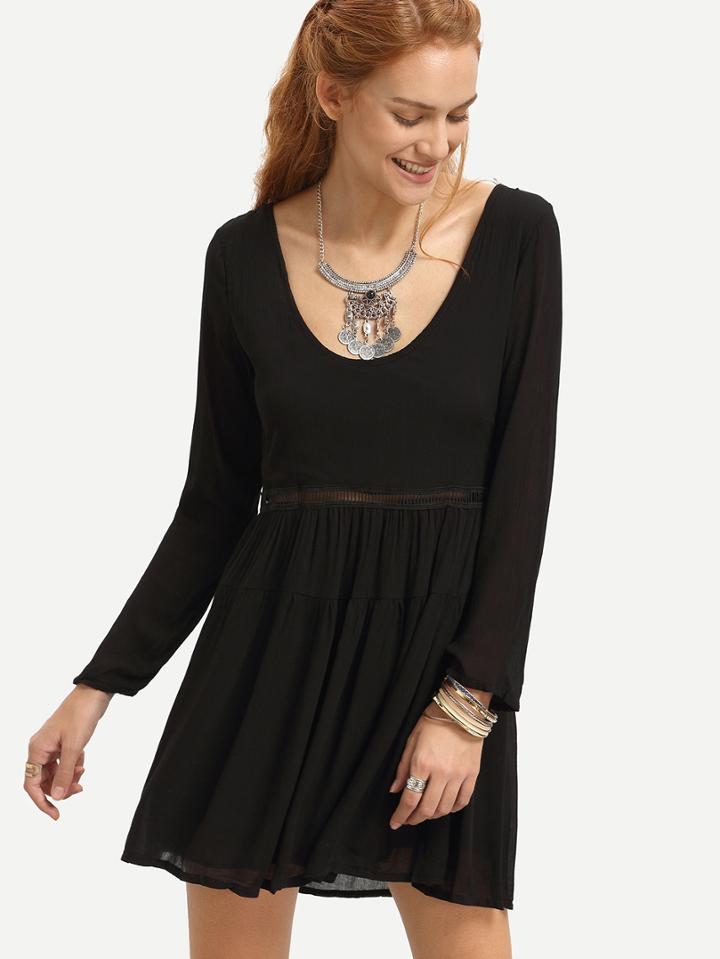 Shein Black Eyelet Lace Insert Double Scoop Neck Dress