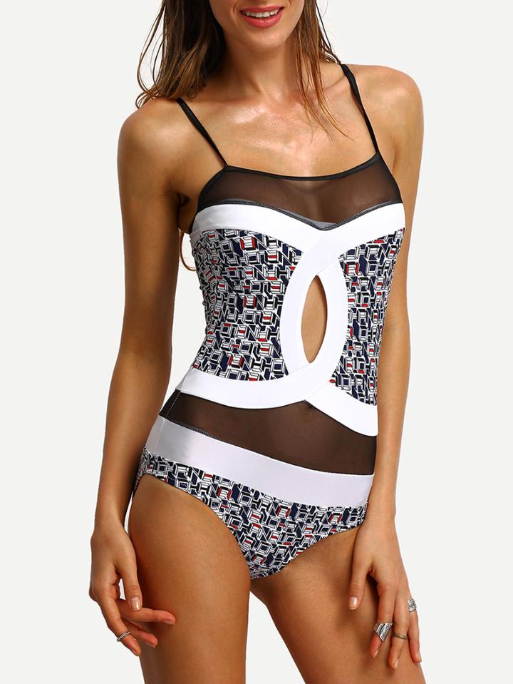 Shein Geometric Print Mesh Insert Cutout One-piece Swimwear