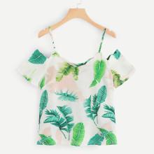 Shein Tropical Print Open Shoulder Top