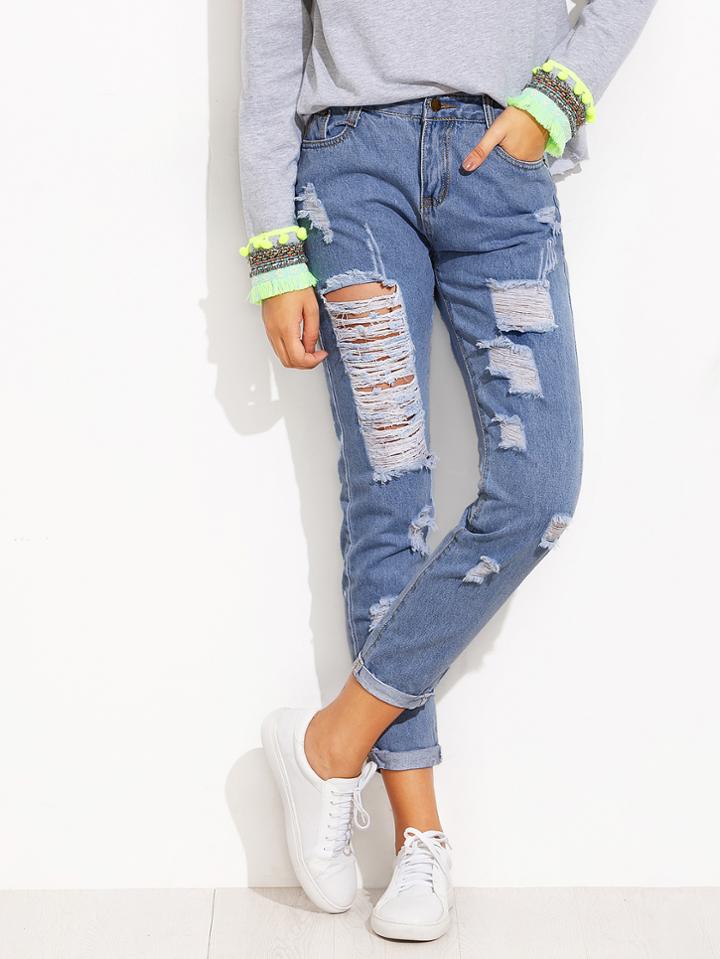 Shein Roll Hem Distressed Jeans