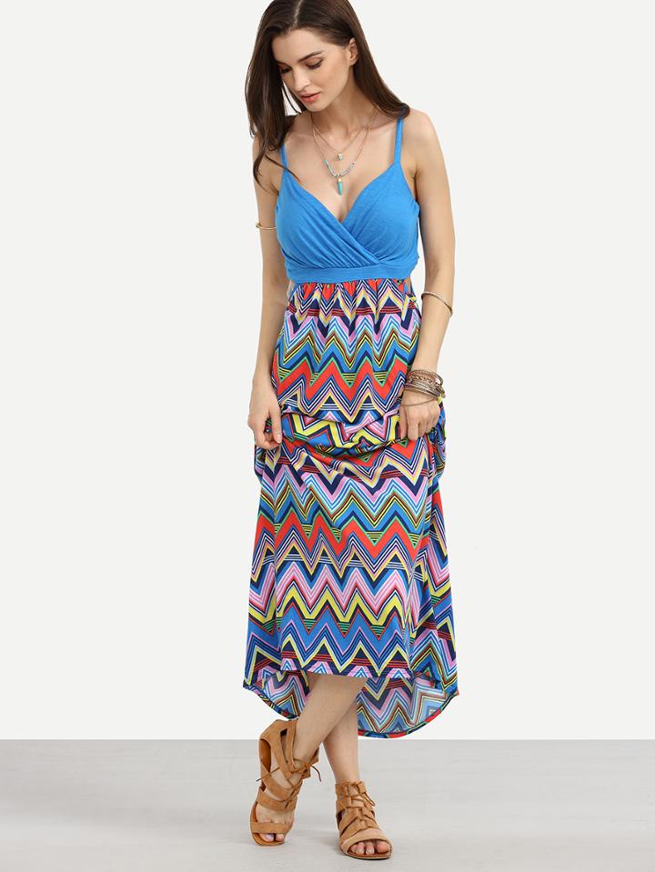 Shein Multicolor Chevron Print Wrap Front Cut Out Dress