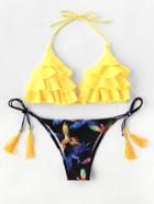 Shein Bird Print Tassel Tie Flounce Bikini Set